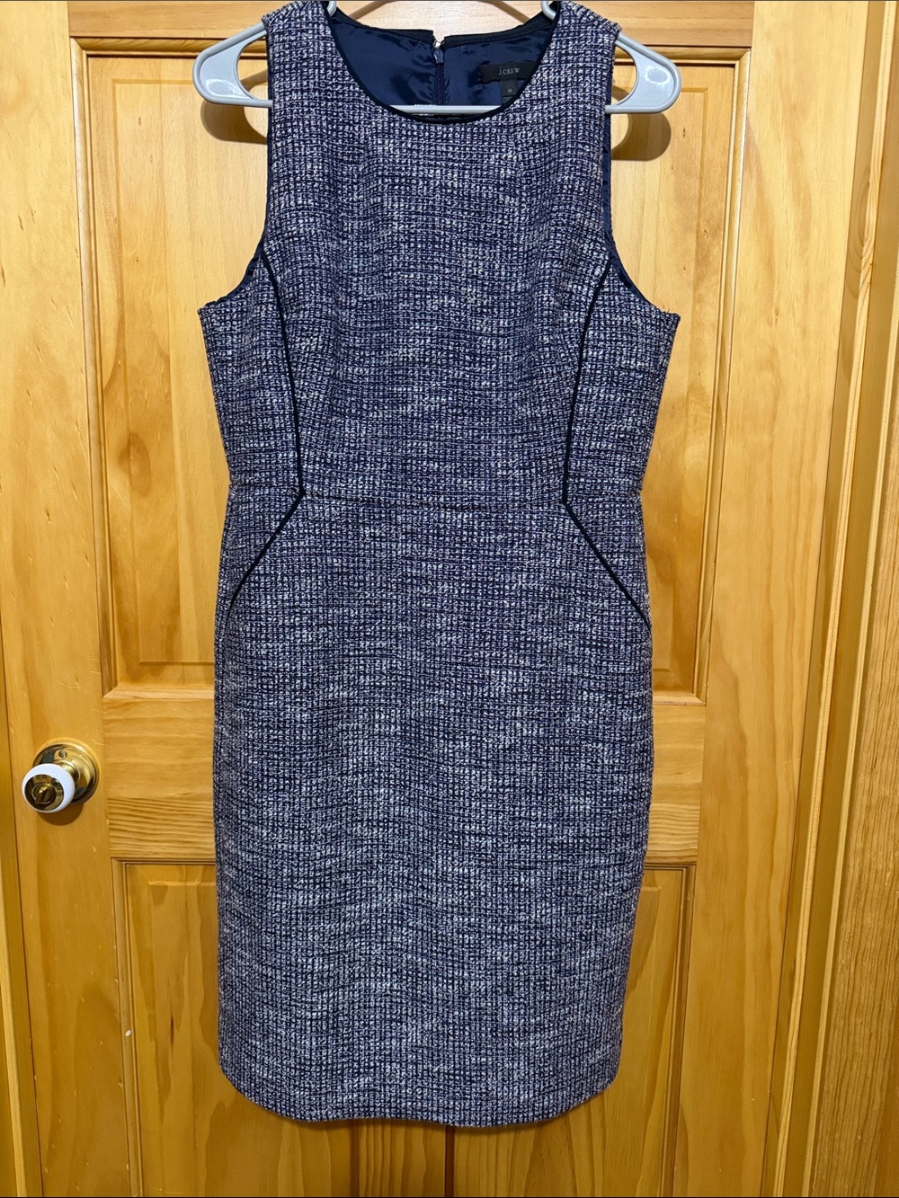 J. Crew Navy & Pink Tweed Sheath Dress with Metalic Detail, Size 10.